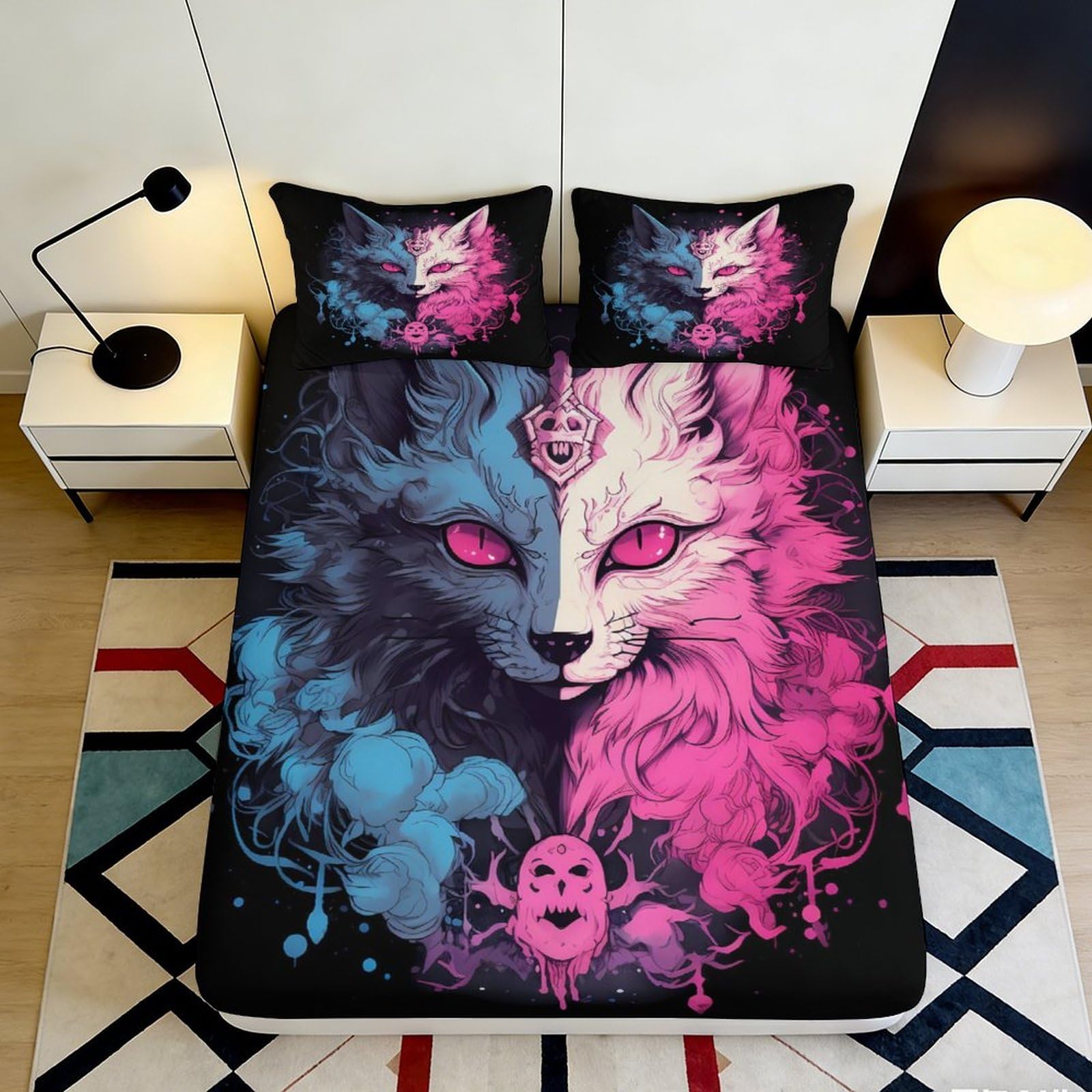 Kzqjxnhpcr Style-9 3D Printed Colorful Wolf Fitted Sheet Microfiber Deep Pocket Bedroom Bedding Set Artistic Wolf Mattress Fitted Cover Non-Slip Washable For Adults Teens 90X200x25cm 90X200x25cm