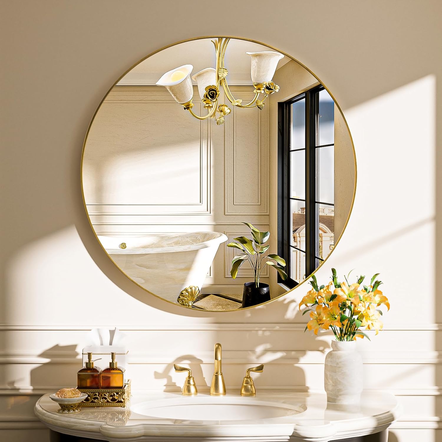 REYPEK Round Mirror 30 Inch Gold Mirror, Brushed Gold