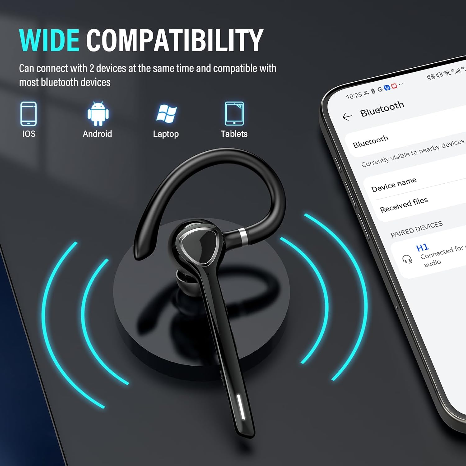 Bluetooth Headset with APTX HD Audio, Wireless Hands-Free Earpiece with CVC 8.0/ENC Dual Mic, Mute Button & Dual Device Connection, 90H Playtime Single-Ear Headphone for Trucker, Business, Black - Image 2