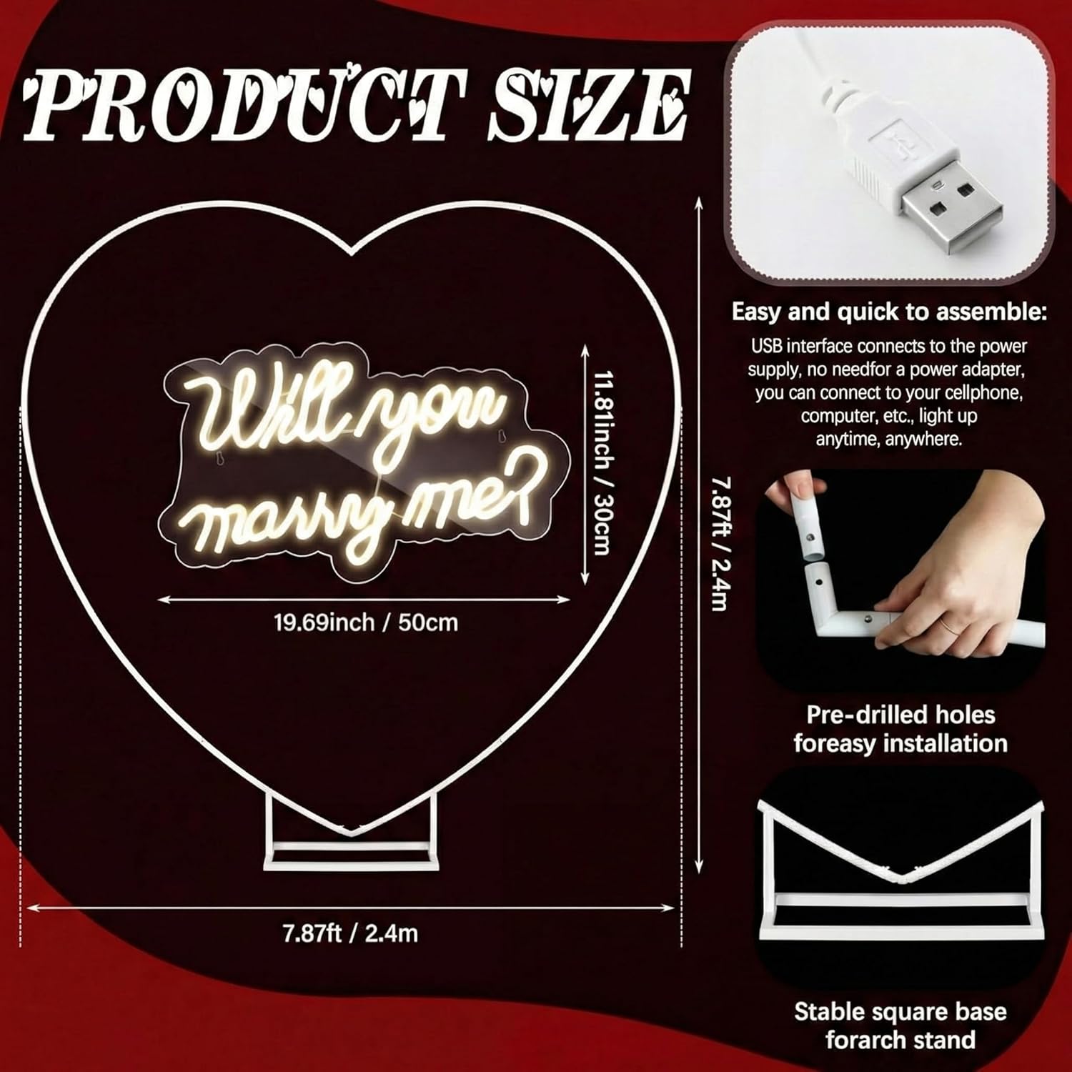 Breling 7.87ft Large Metal Heart Arch Stand and Will You Marry Me LED Neon Light Sign Backdrop for Outdoor Proposal Wedding Engagement Bridal Valentine and Birthday Party Decor (Red) 7.87ft Red