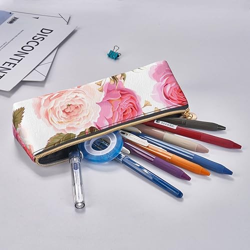 Miniatura 6 de Hermoso estuche para lápices de rosas rosadas, bolsa portátil triangular blanca con cremallera para adolescentes, suministros estacionarios, pequeña