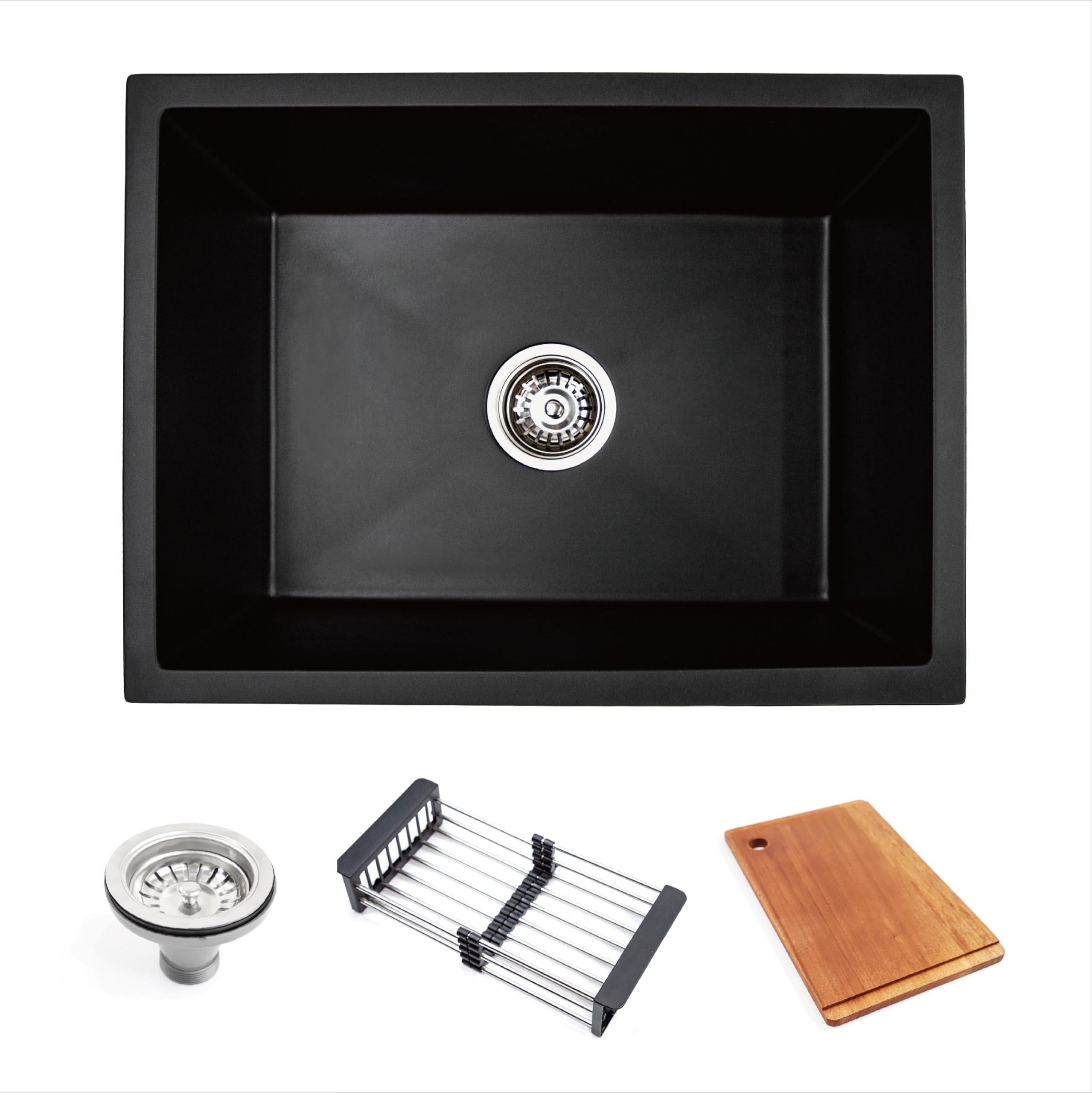 Black granite stone kitchen sink 59 x 45cm, corrosion and scratch resistant, bottom thickness 1.0cm - with siphon drainage, cutting board, basket (23.22”×17.71“×9”)