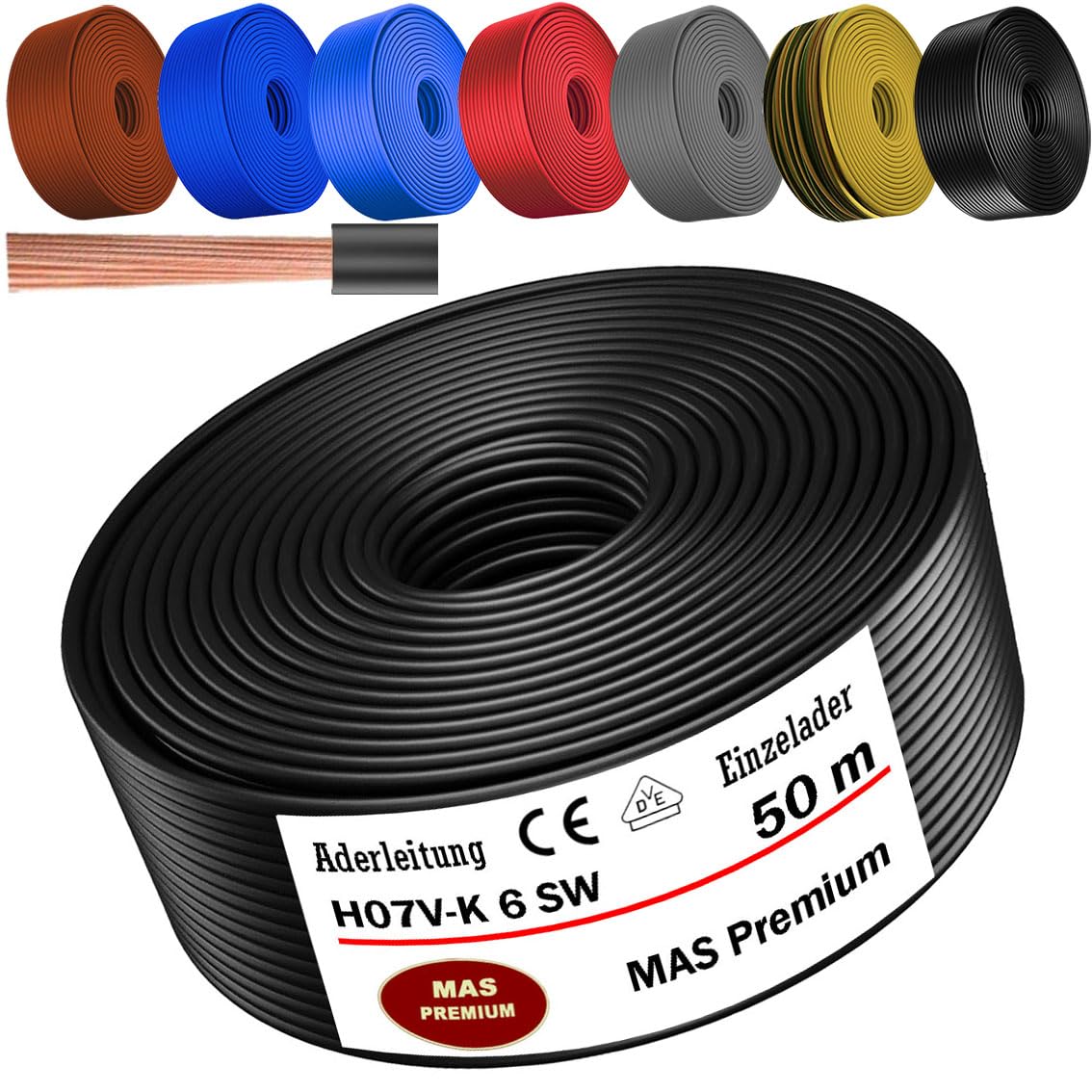 MAS Premium Przewód żyłowy od 5 do 100 m H07 V-K 6 mm², czarny, brązowy, ciemnoniebieski, zielono-żółty, szary, czerwony lub jasnoniebieski, elastyczny (czarny, 50 m)