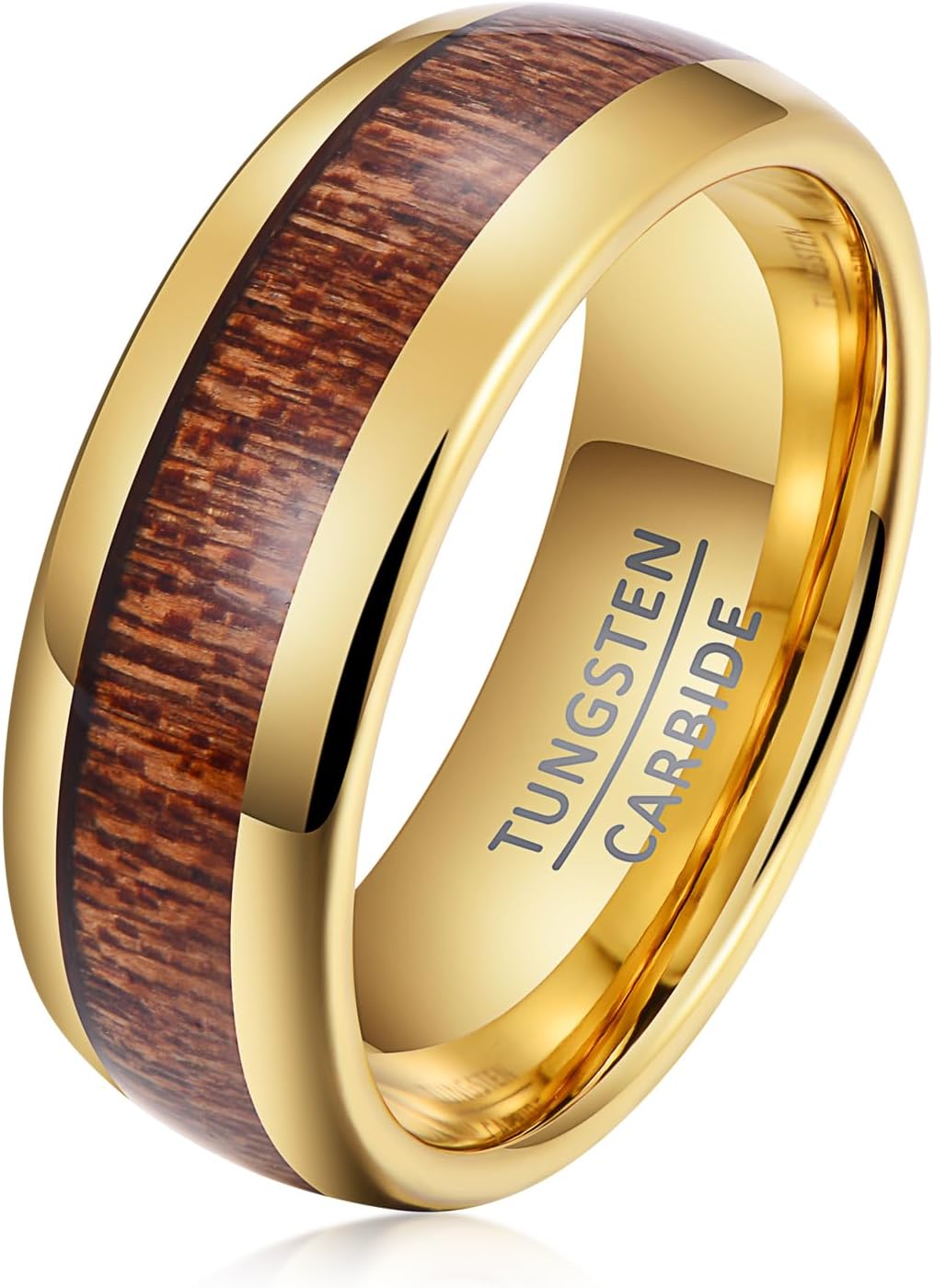 Men's Tungsten Wedding Band, 8mm Wide with Central Woodgrain Inlay and Polished Edges