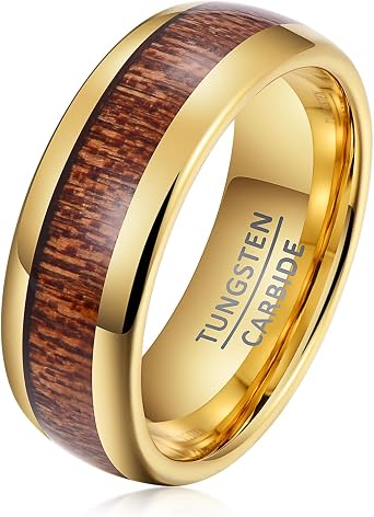 Men's Tungsten Wedding Band, 8mm Wide with Central Woodgrain Inlay and Polished Edges US Sizes