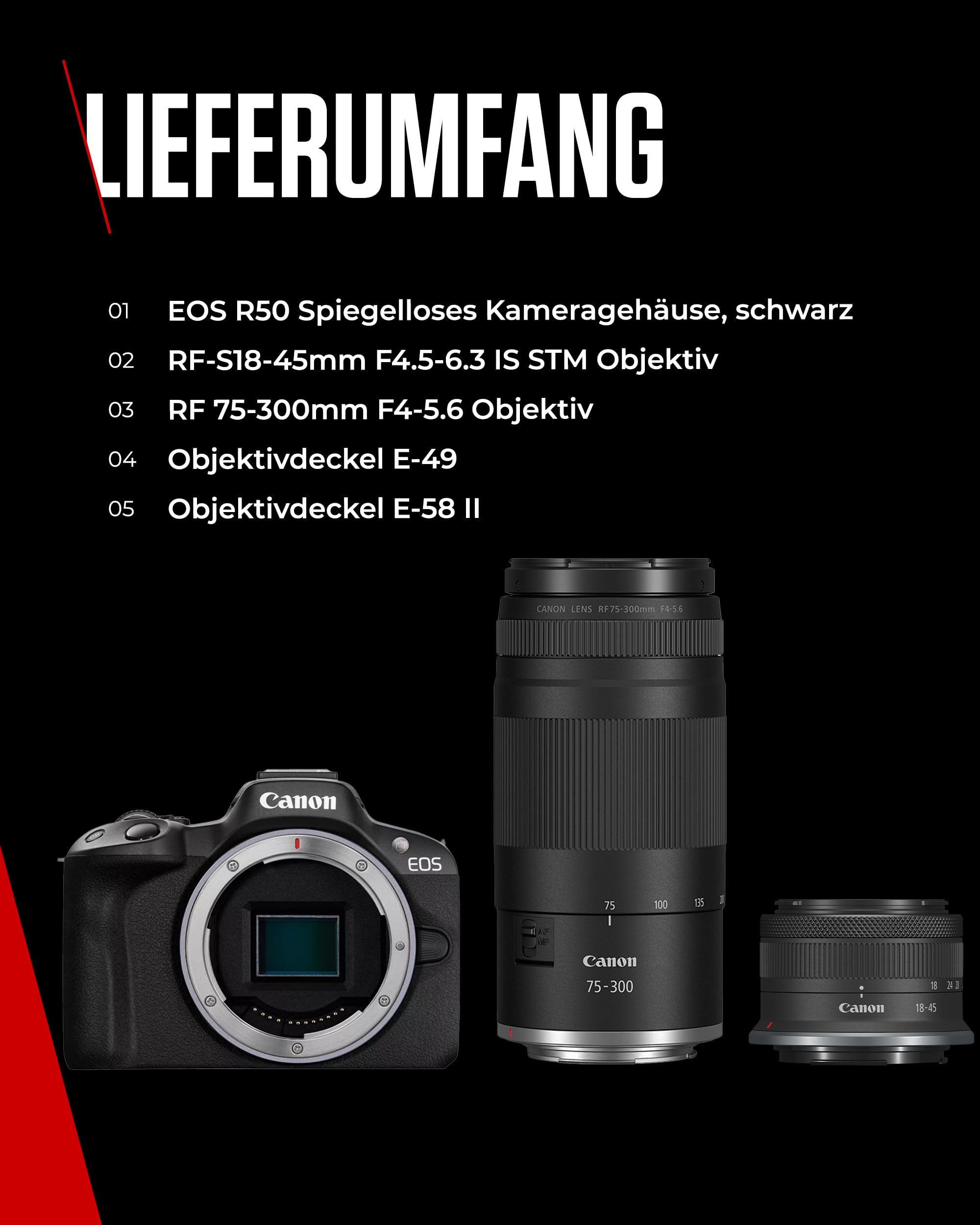 Canon EOS R50 Systemkamera + RF-S 18-45mm + RF 75-300mm Doppelzoom Kit, Spiegellose Digitalkamera mit Autofokus, 4K Video, Schwarz