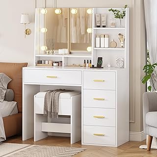AOGLLATI Makeup Vanity Set with Lights, White Vanity Desk with Mirror and Lights, Makeup Vanity DeskTable with Cushioned Stool, Makeup Desk with Charging Station, Open Storage Shelves