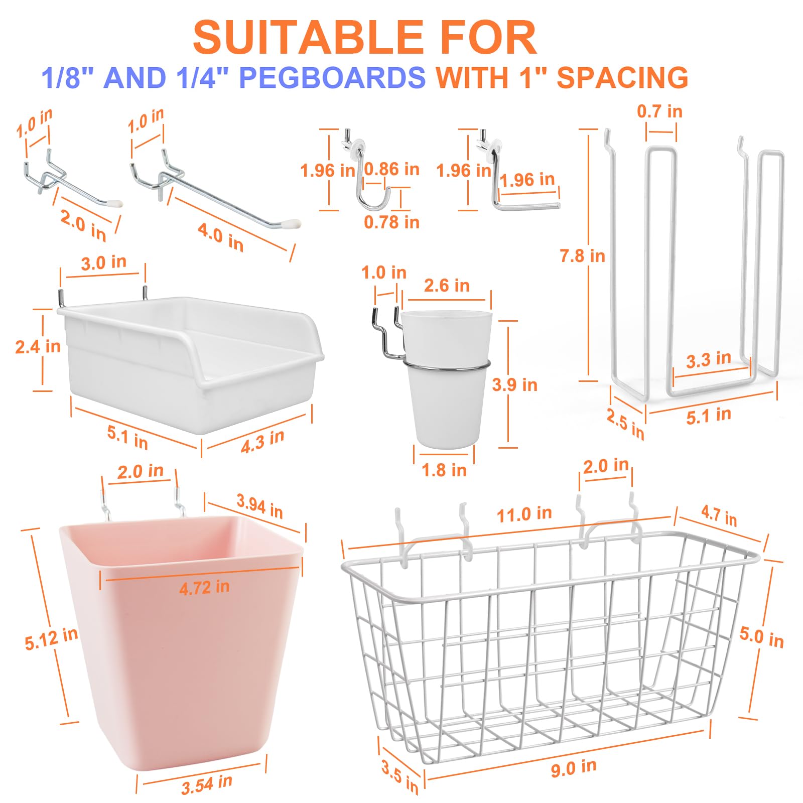 Organizadores de cestas de tablero perforado, cestas grandes, ganchos, cubos, tazas, organizador de herramientas, juego de 42 unidades, accesorios para colgar en la pared, accesorios para