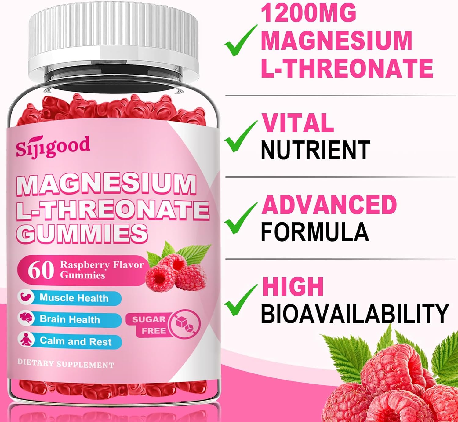 2 Pack Magnesium L-Threonate Gummies, Magnesium Threonate Supplement for Kids & Adults, Support Cognitive Function, Brain & Nerves Health, Relaxation, Zzz, Raspberry Flavor, 120 Count