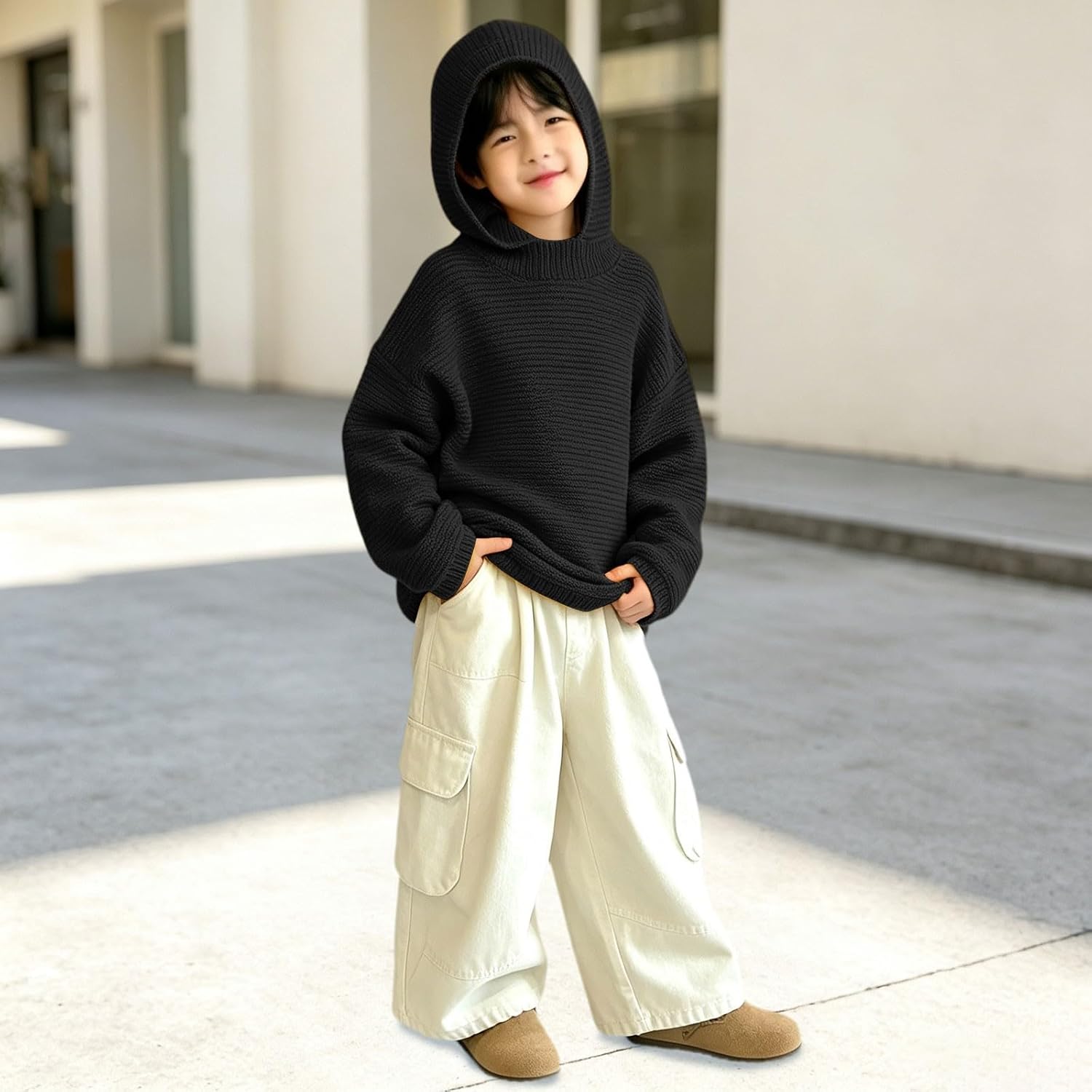 Boys Ribbed Knit Sweater Fall Long Sleeve Loose Fit Warm Hooded Pullover