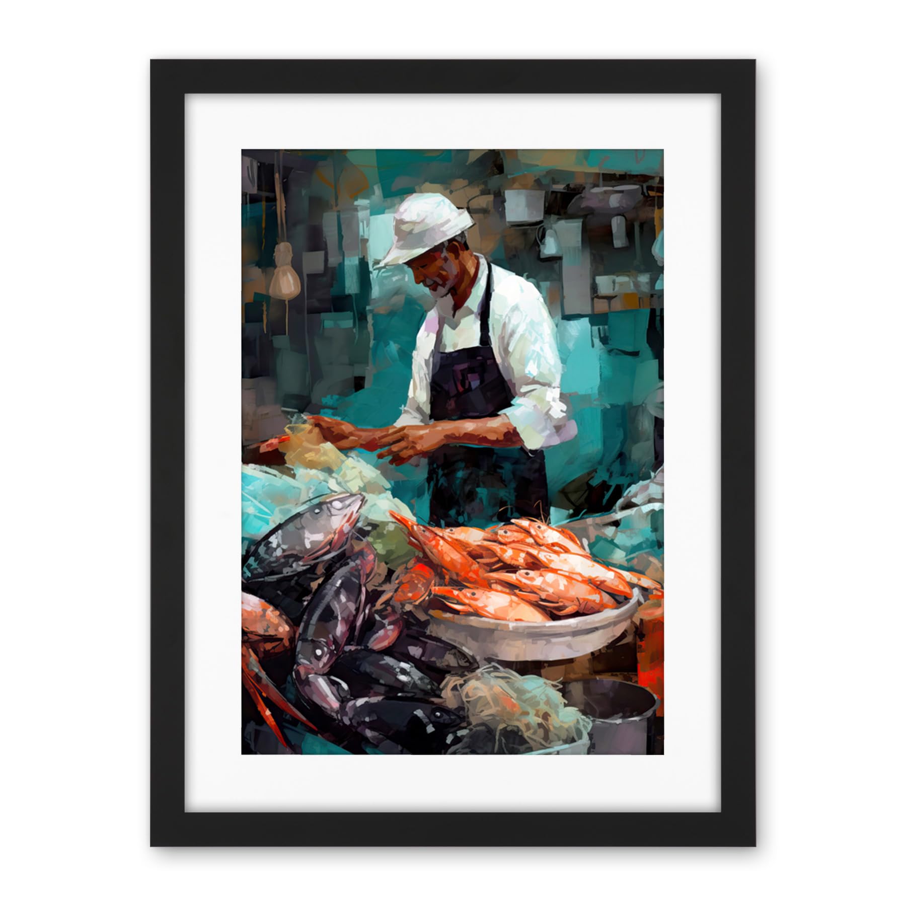 Artery8 Market Fishmonger Selling Fresh Catch Seafood Artwork Framed Wall Art Print 18X24 Inch