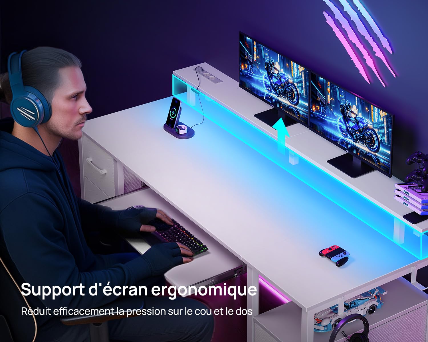Seventable Bureau Gaming 120 cm avec Intégrée, LED RGB, Bureau avec Rangement et 4 Tiroirs en Tissu, Plateau Clavier Ergonomique et Support Écran, Blanc