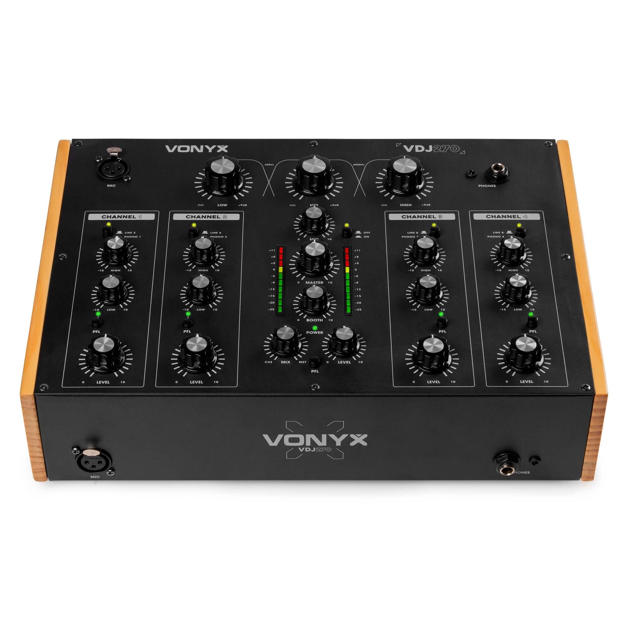 Vonyx VDJ270 DJ mixer a 4 canali – analogico Rotary Audio Mixer con 2 bande EQ & XLR – Retro DJ mixer nero effetto legno – Sound Mixer per vinile & Club – Include Booth Output & Mic Input