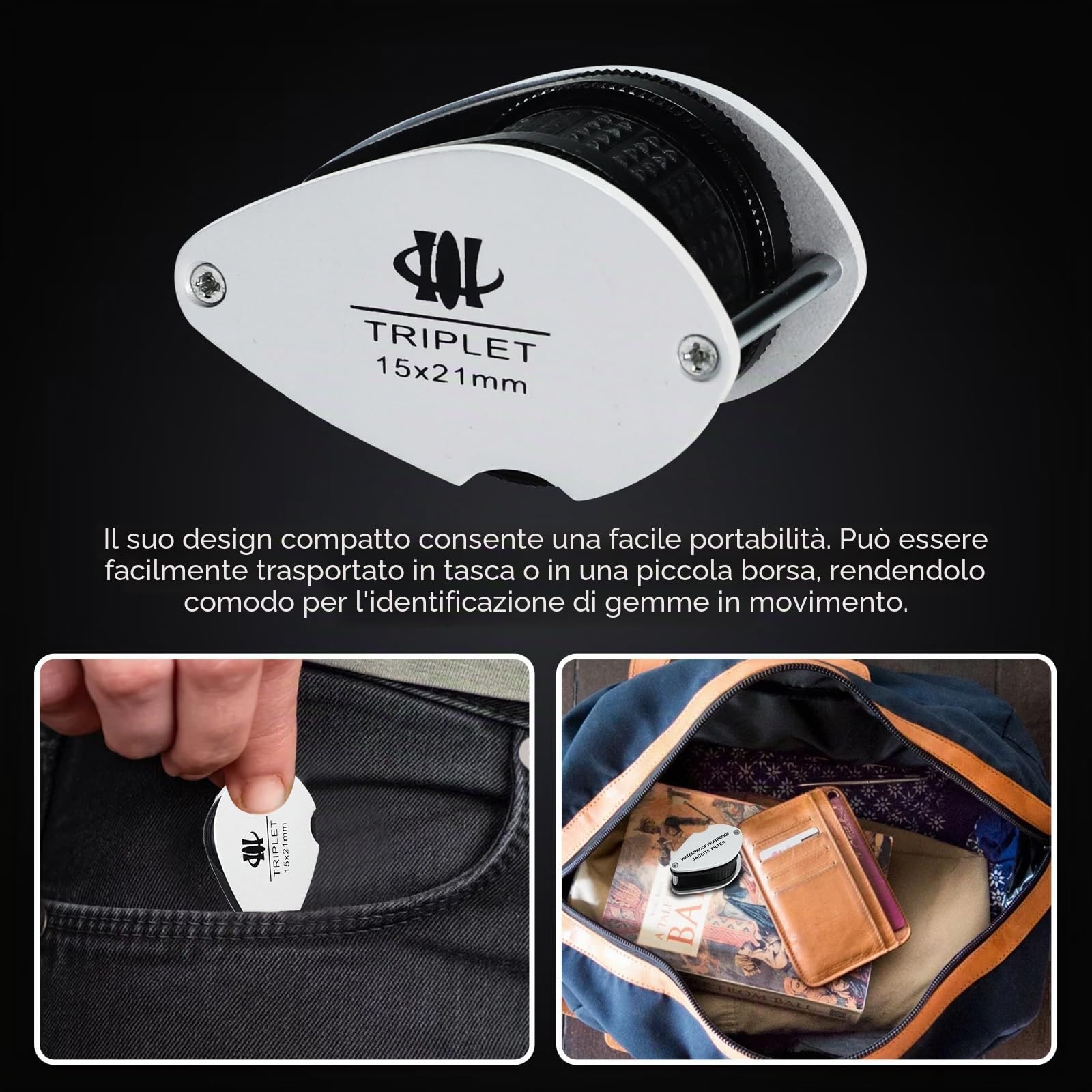 Lente d'ingrandimento 15x con filtro in giadeite, lente da 21 mm, telaio in alluminio, design a doppio vetro, per gioielli, strumento per collezionisti di giada