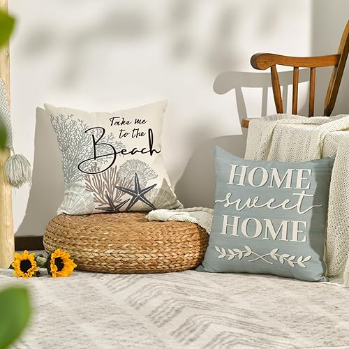 Miniatura 3 de AVOIN colorlife Summer Take Me to The Beach - Juego de 4 fundas de almohada de 18 x 18 pulgadas, diseño de estrella de mar coral con lema azul para