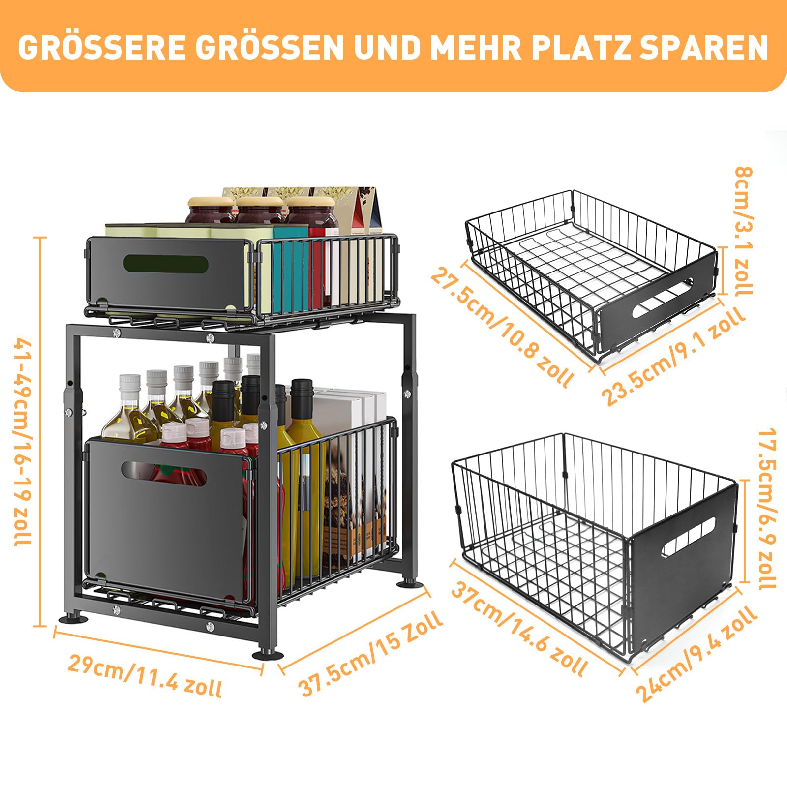 Unterschrank Organizer Küchenschrank mit 2 Etagen Küchenregal Arbeitsplatte Metall Unterspüle für Badezimmer, Anhebbares Mehrfunktional Gewürzregal Standregal