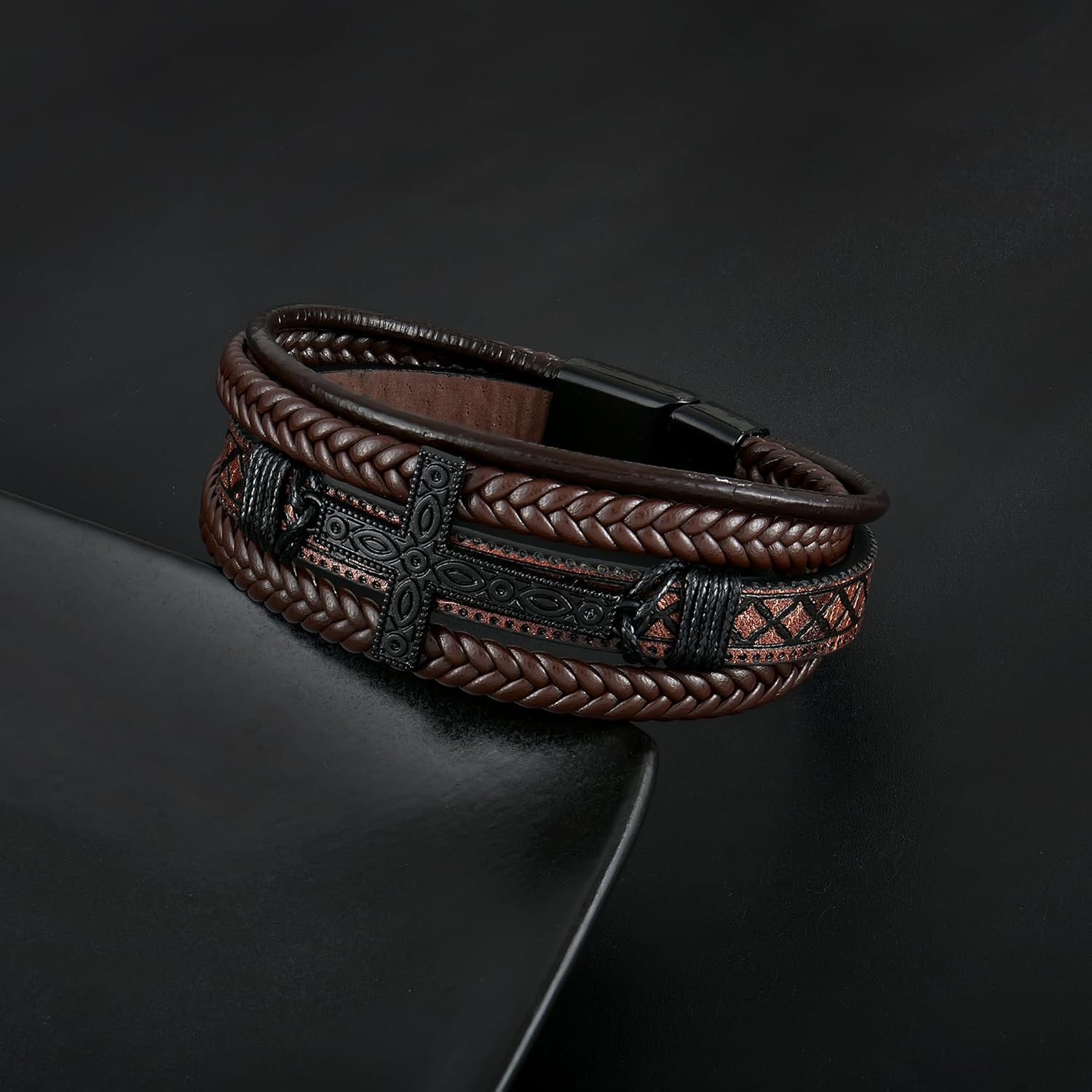 Mens Cuff Cross Bracelet Multi-Layer Braided Leather Cross Bracelet for Religious Bangle Wristband Faith Christian Jewelry for Men Teen