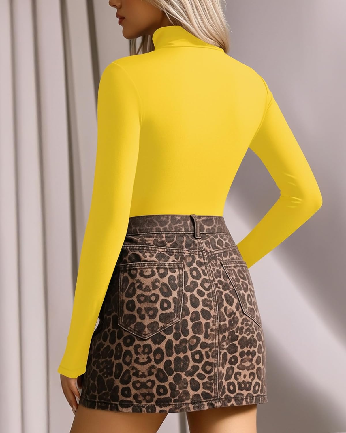 MANGOPOP Women's Mock Turtle Neck Long Sleeve Tops Bodysuit Jumpsuit - Image 3