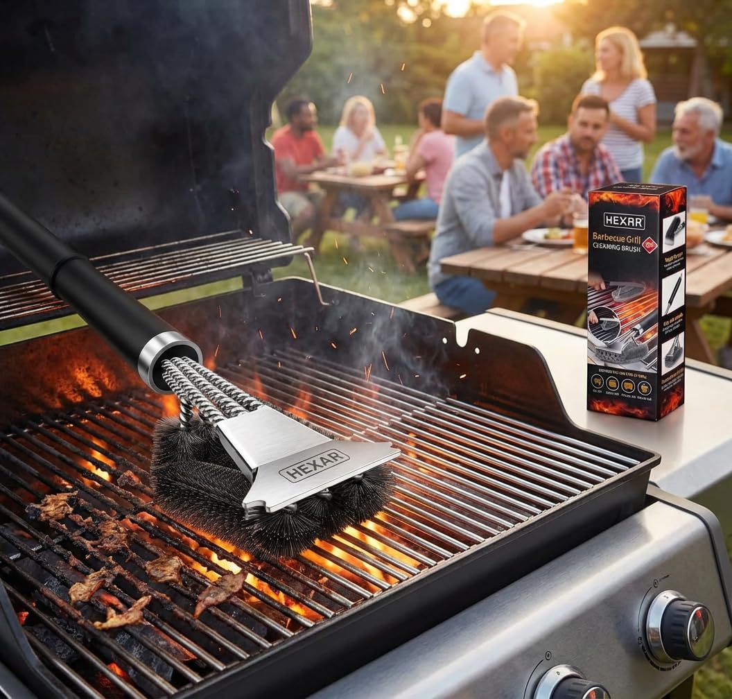 HEXAR Grillbürste, Barbecue Grill Reinigungsbürste Kombination aus Bürste mit Schaber, BBQ Reinigungsbürste mit Edelstahlborsten und extra langem PP-Griff