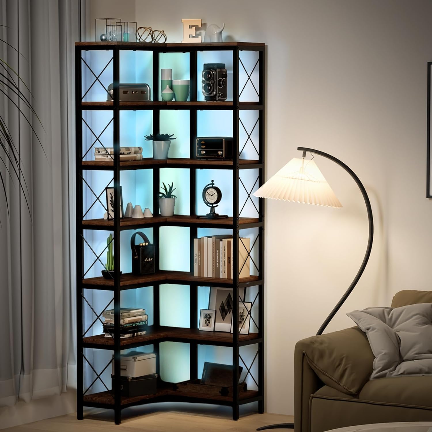 Amazon.com: 7 Tier Corner Bookshelf with Storage Tall Rustic Shelf