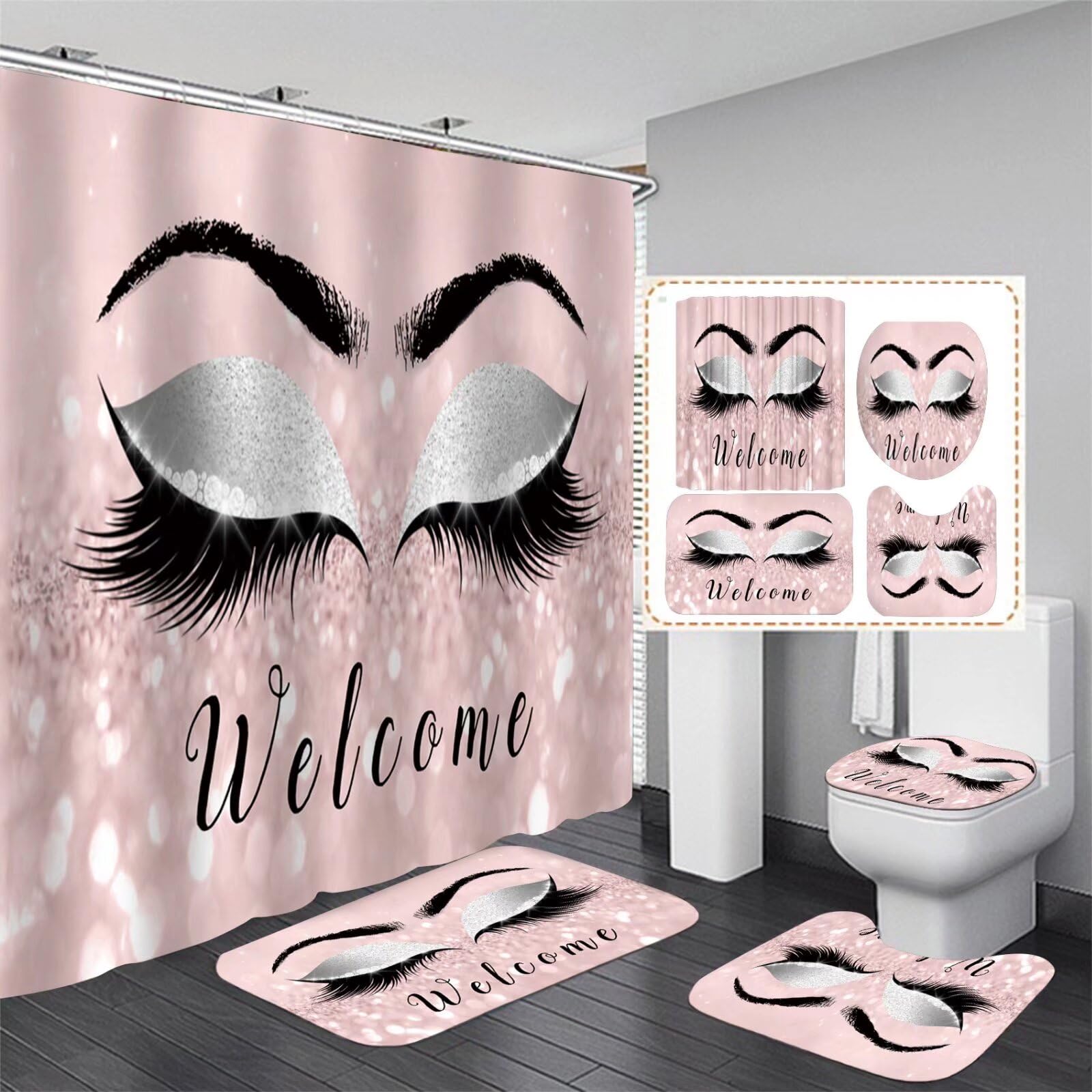 Azhm Pink Gray 4Pcs Eyelash Shower Curtain Sets For Bathroom And Toilet Hello Gorgeous Bathroom Decor Sets With Shower Curtain And Rugs And Accessories