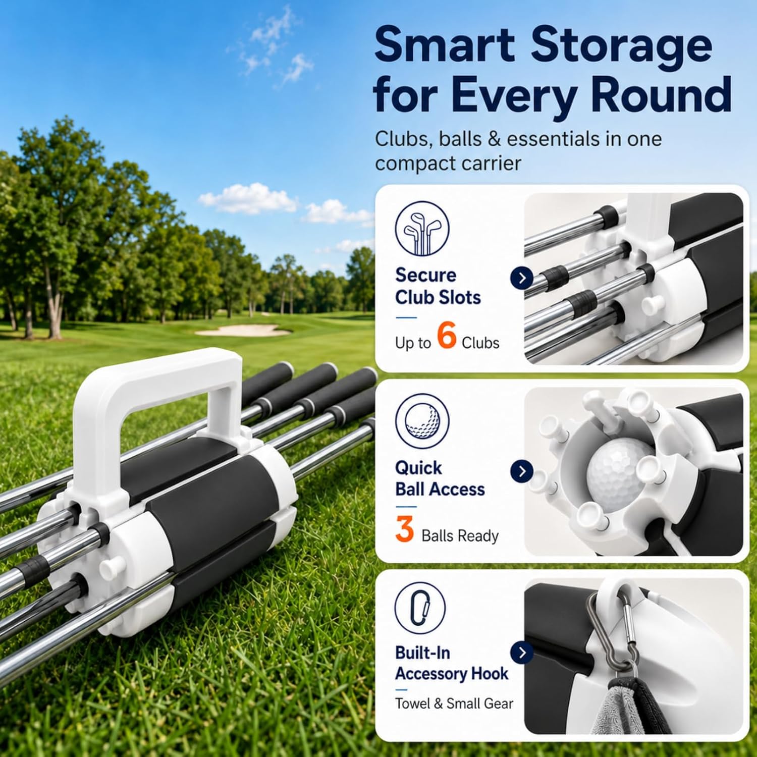 Golf Club Holder for 6 Clubs: Portable Golf Club Carrier with Ball Storage, Tee Holes and Carry Handle, Compact Golf Bag Alternative for Driving Range, Par 3 Course and Quick Practice Black