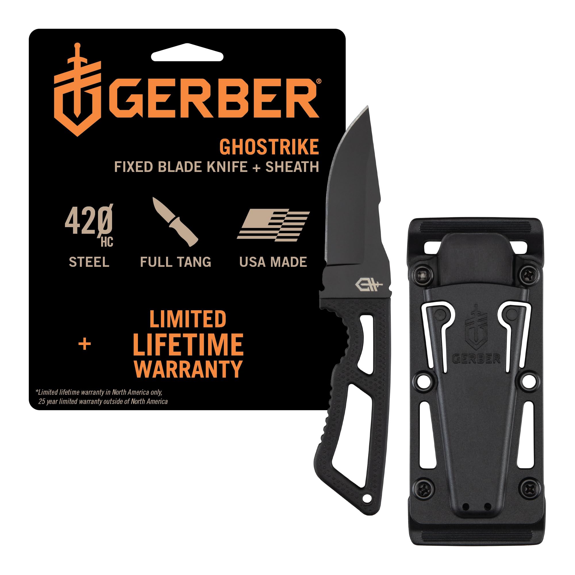 GerberGear Ghostrike Fixed 3.3" Blade Knife - 420HC Stainless Steel with Black Ceramic Coating, Diamond-Texture Grip, EDC, Modular Sheath, Made in USA