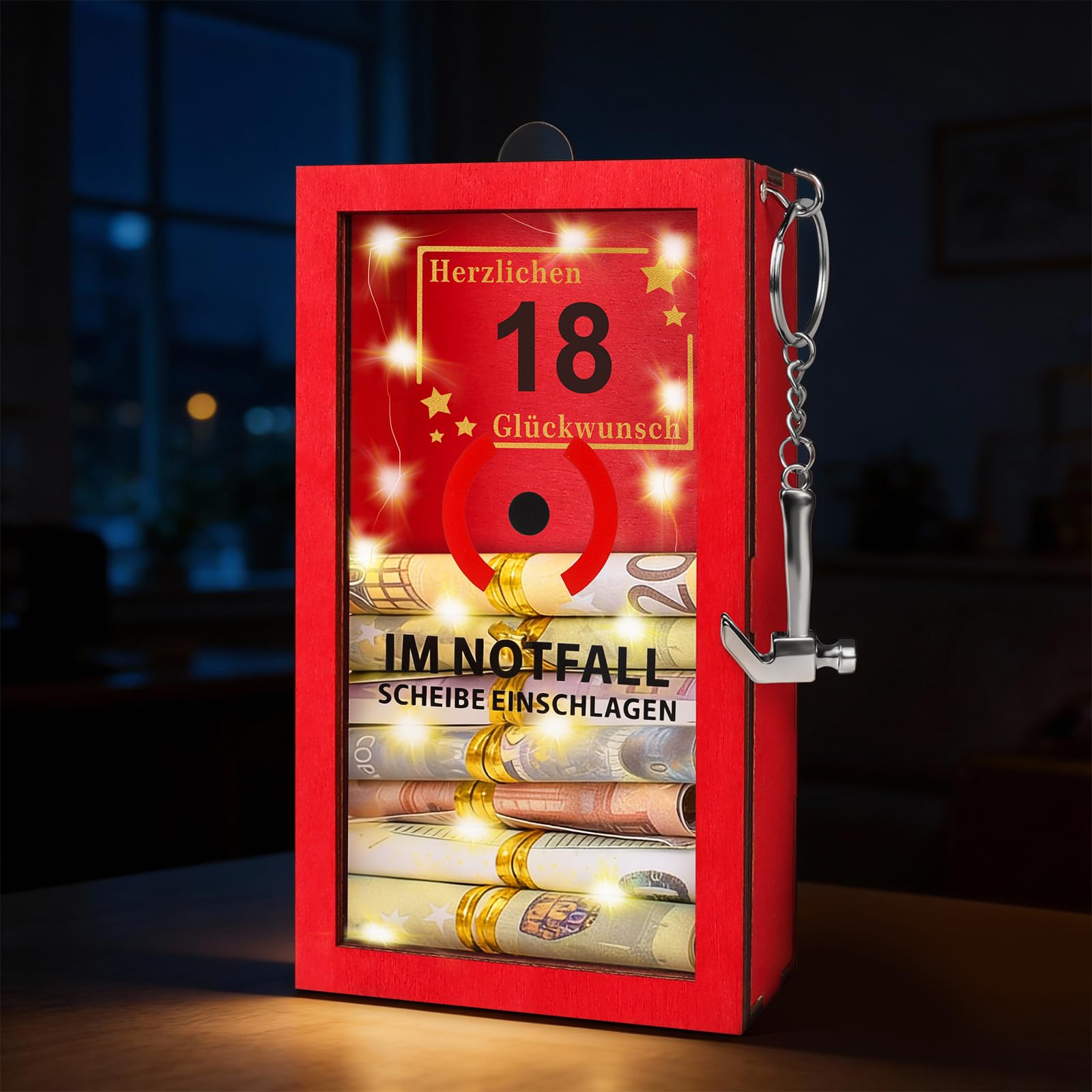 TUZELIYA LED Geldgeschenke 18. Geburtstag - 18 Geburtstag Junge & Mädchen - Personalisierte Geschenke für Geld - Lustige Notfallbox Geschenke mit Hammer Reagenzgläser, goldene Schnur und Lichterkette