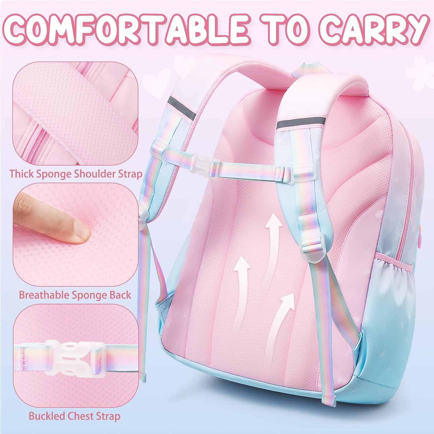 Fimibuke Backpack for Girls, 3 PCS Waterproof Kids Backpack with Lunch Box & Pencil Case, Gradient Backpacks for Teen Girl Kindergarten Elementary Middle High School Student Back to School Bookbag Set - Image 7