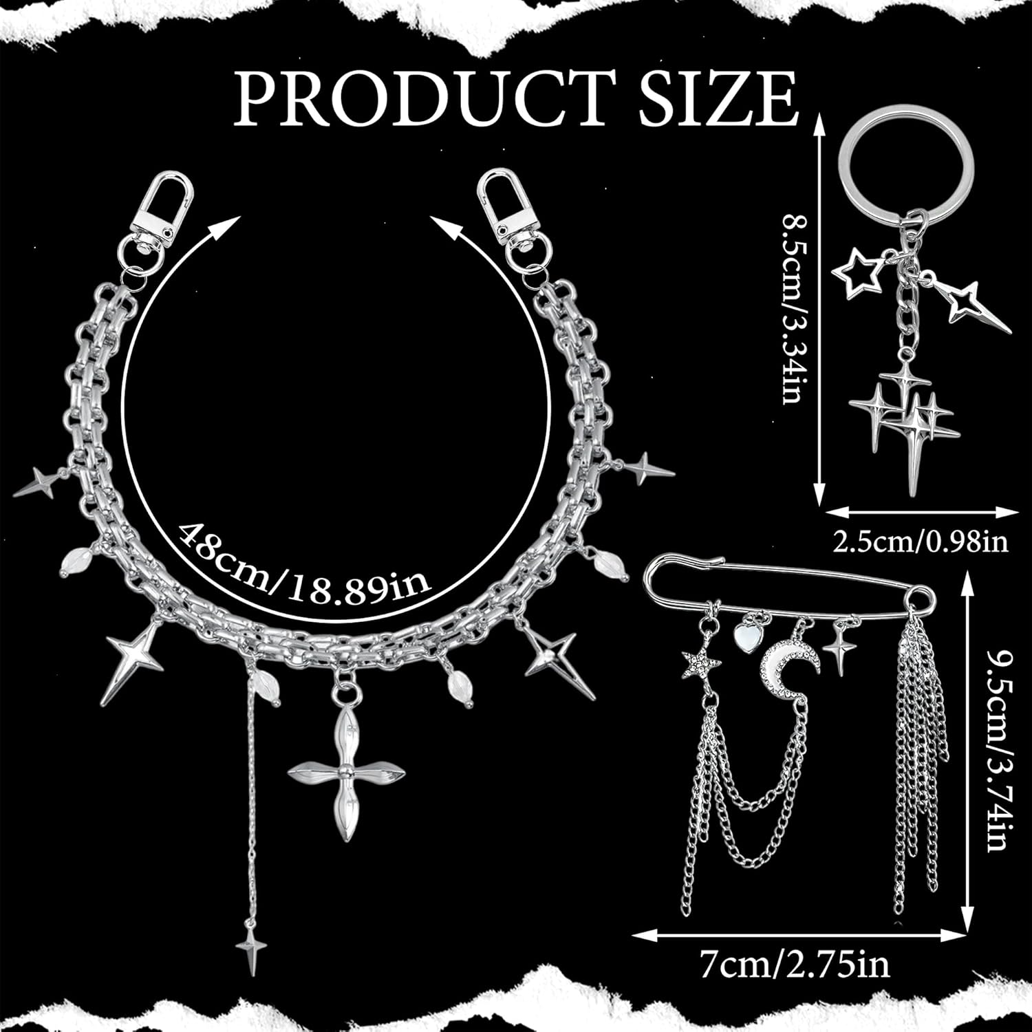 BELICEY Silver Purse Charms Chain Metal Star Purse Chains for Handbags Y2K Keychain Charm Safety Pin Bag Accessories Strap Extender for Wallet Crossbody Shoulder Bags - Image 2