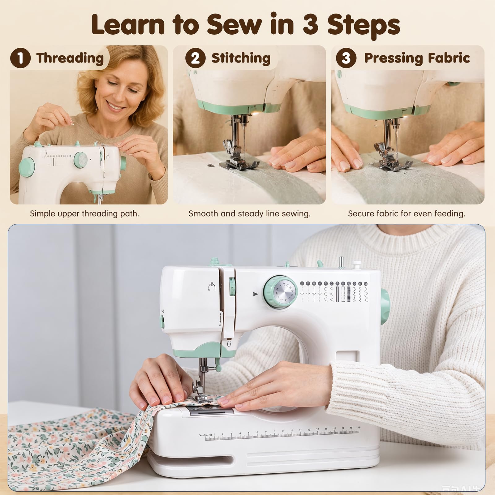 Macchina da cucire portatile, 12 punti, macchina da cucire elettrica per bambini e adulti, con accessori da cucito, ideale per riparazioni rapide e fai da te (verde)