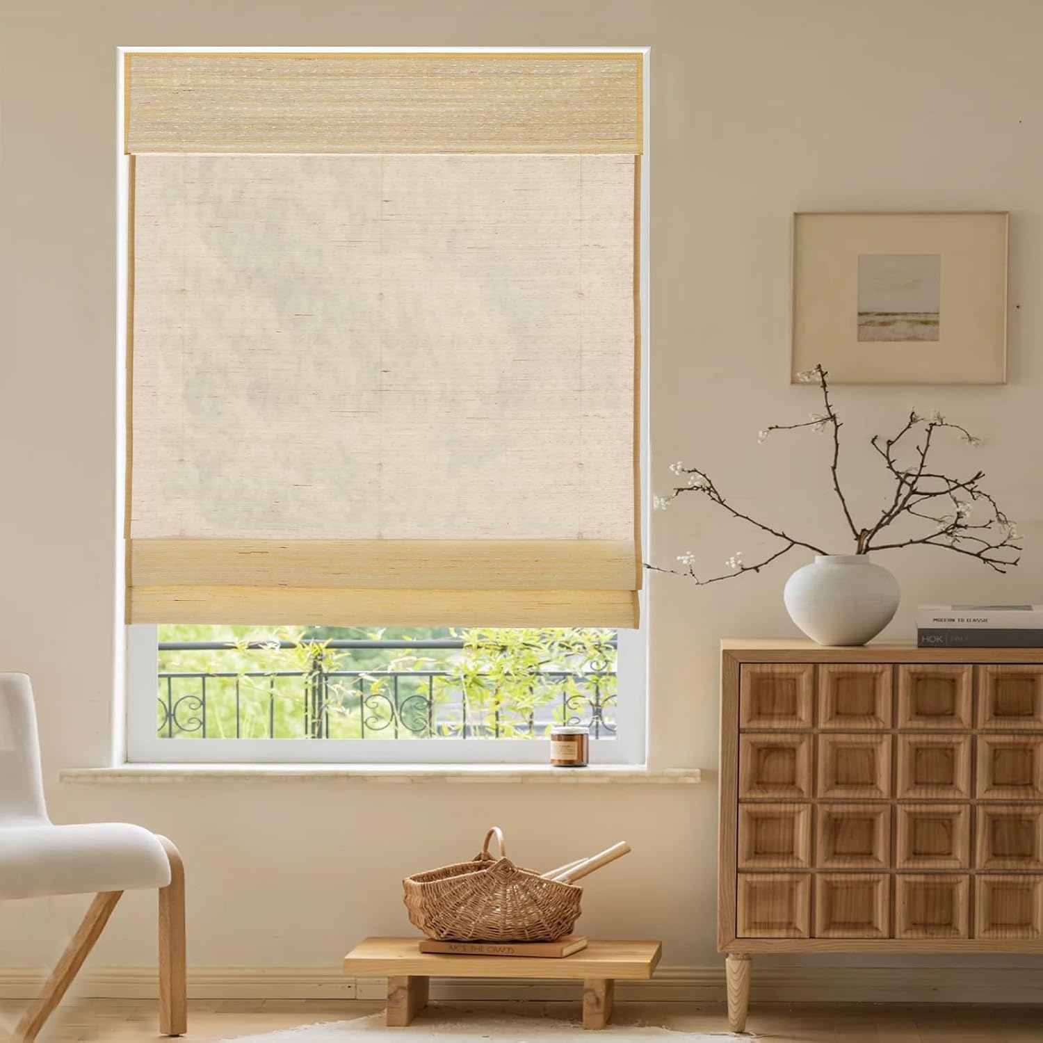 LETAU Natural Woven Linen and Jute Blinds for Indoor Windows,Cordless Light Filter/Sheer Rattan Blinds,Pattern 7