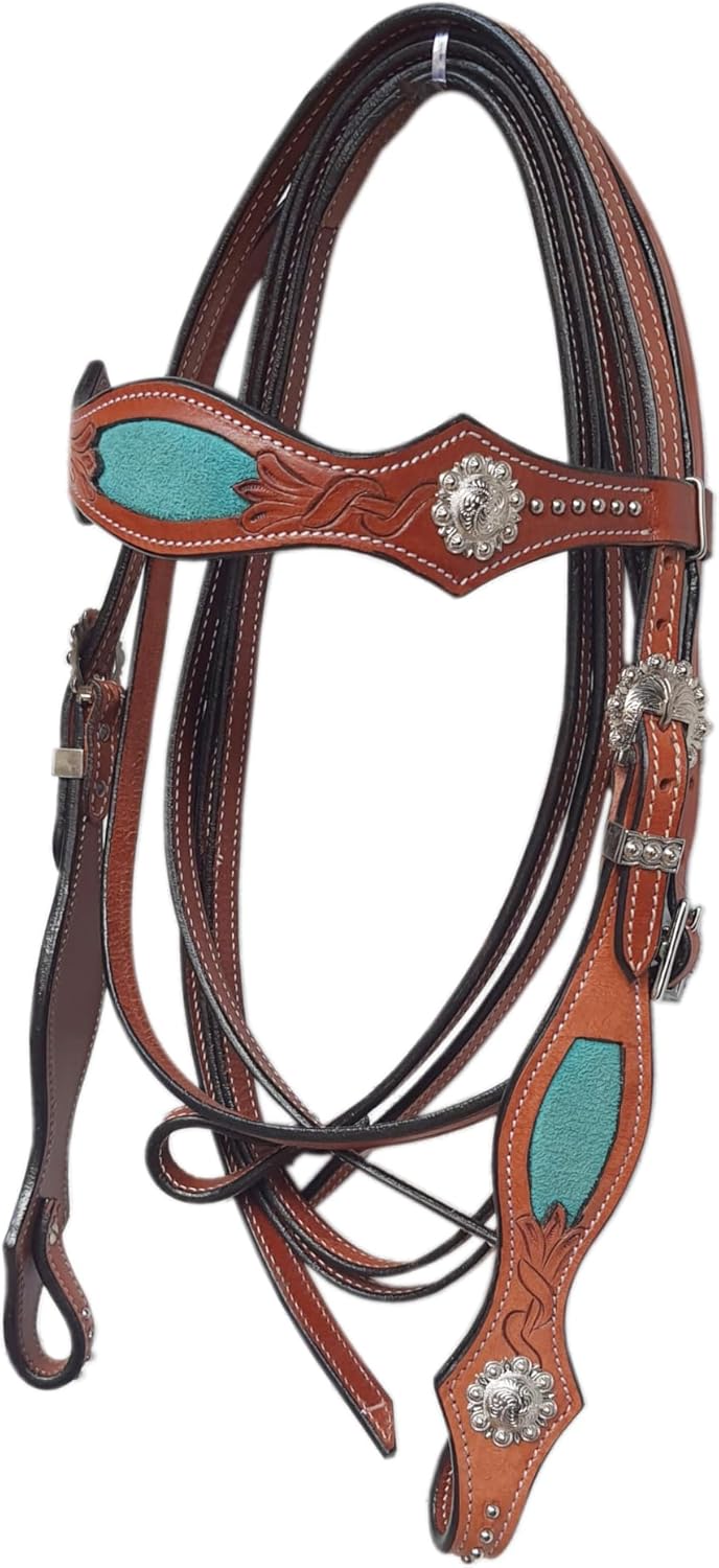 Western Leather Horse Headstall and Reins Combo Natural Antique Tooling, Quick Bit Change Adjustable Browband Headstall and Free Size Reins for Horses