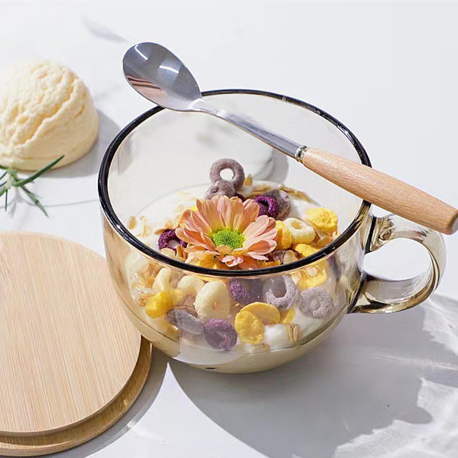 2 Pack Clear Glass Coffee Mugs with Lids & Spoons, 470ml Transparent Soup Mugs for Cereal, Oatmeal, Milk, Beverages, Microwave Safe, Durable Glass Bowls, Send Goods from Local Warehouse