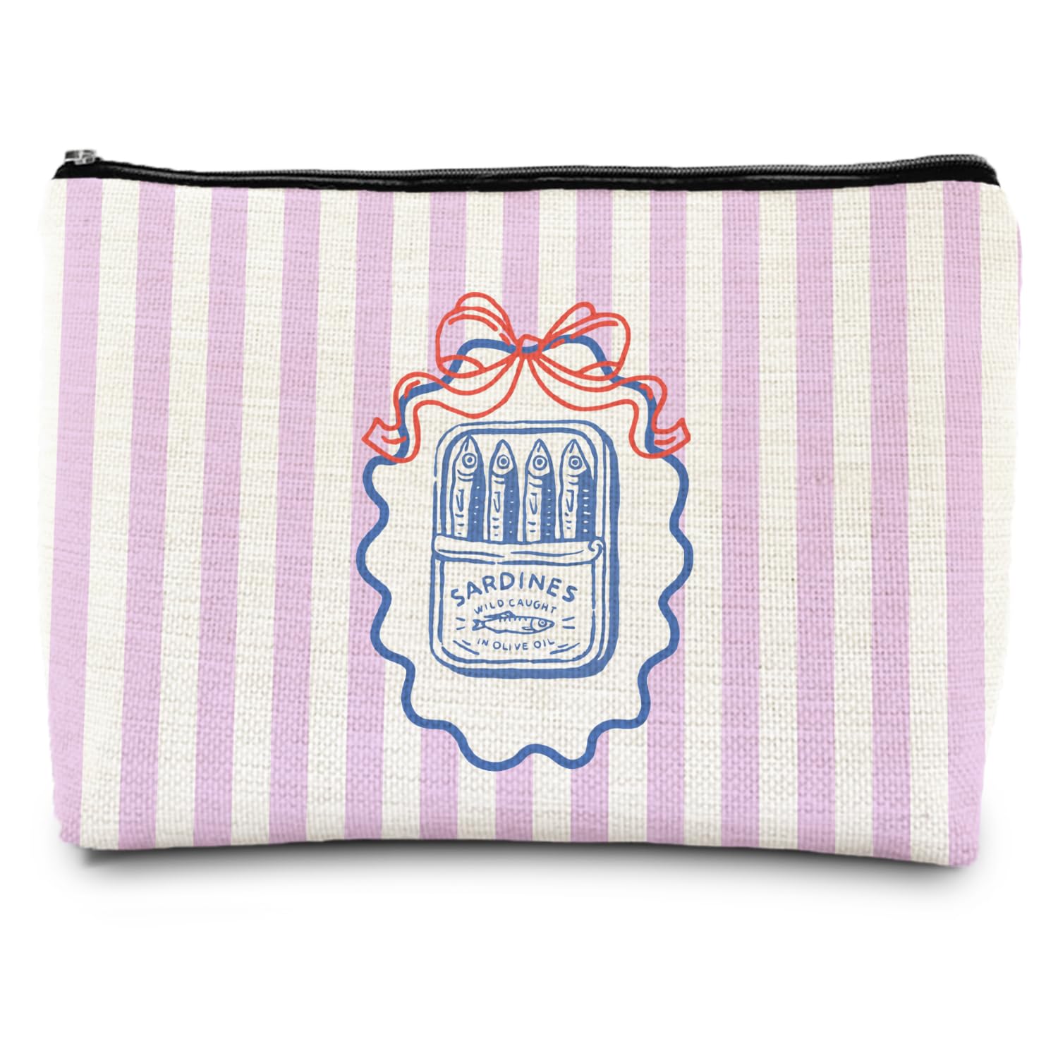 FWSFD Preppy Beach Sardine Fish Makeup Bag, Coastal Beachy Canned Sardines Purple Striped Cosmetic Bags for Women, Nautical Ocean Seafood Zipper Makeup Pouch Travel Toiletry Bag