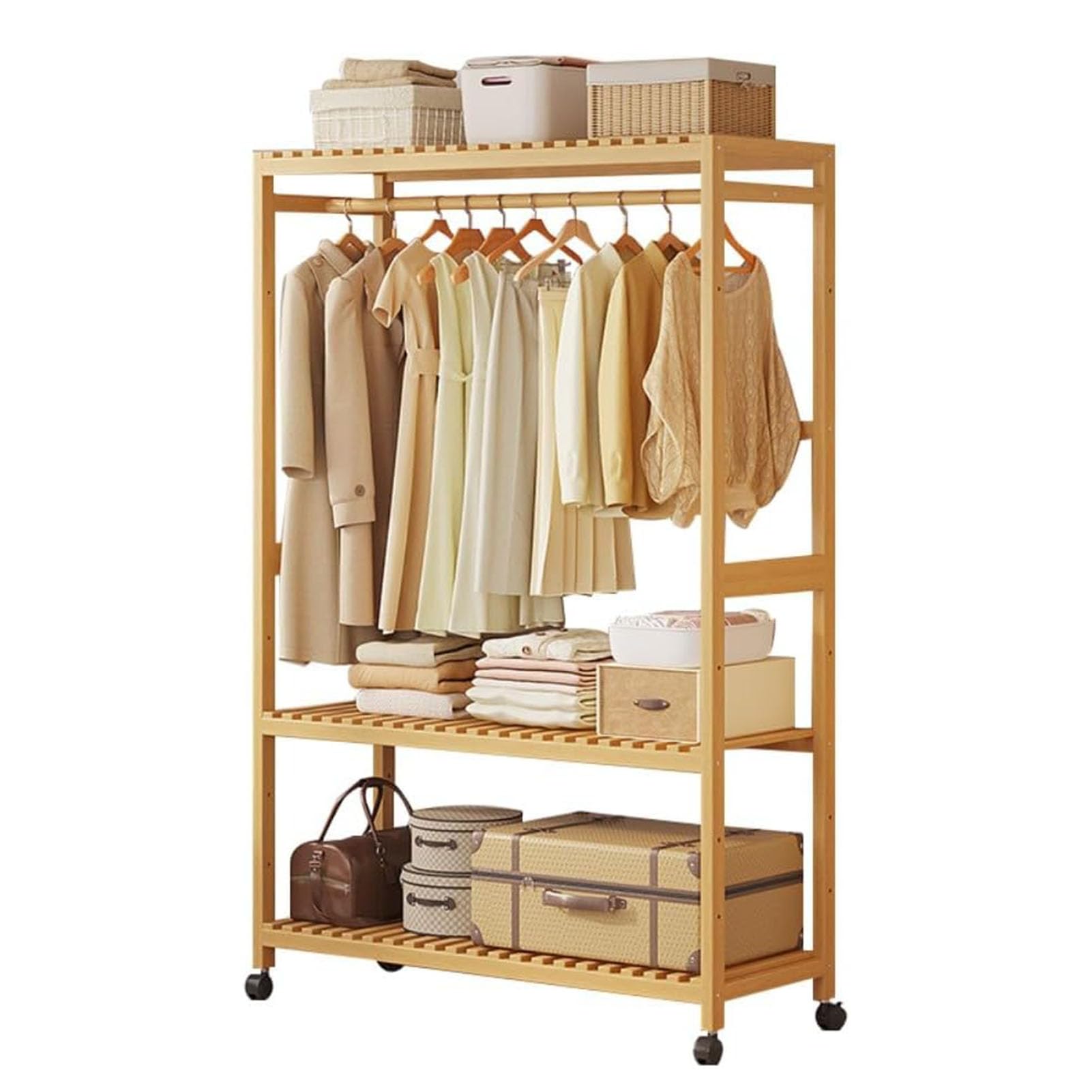 Stand Appendiabiti In Bambu con Piu Scaffali & 4 Ruote, Multifunzionale Appendiabiti, Portata Fino A 100 Kg, Salvaspazio Appendiabiti Da Terra per Camera Da Letto Soggiorno Corridoio