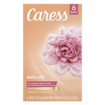 Caress Bath And Body For Silky, Soft Skin Daily Silk Body Soap With Silk Extract & Floral Oil Essence 3.75 oz 6 Bars