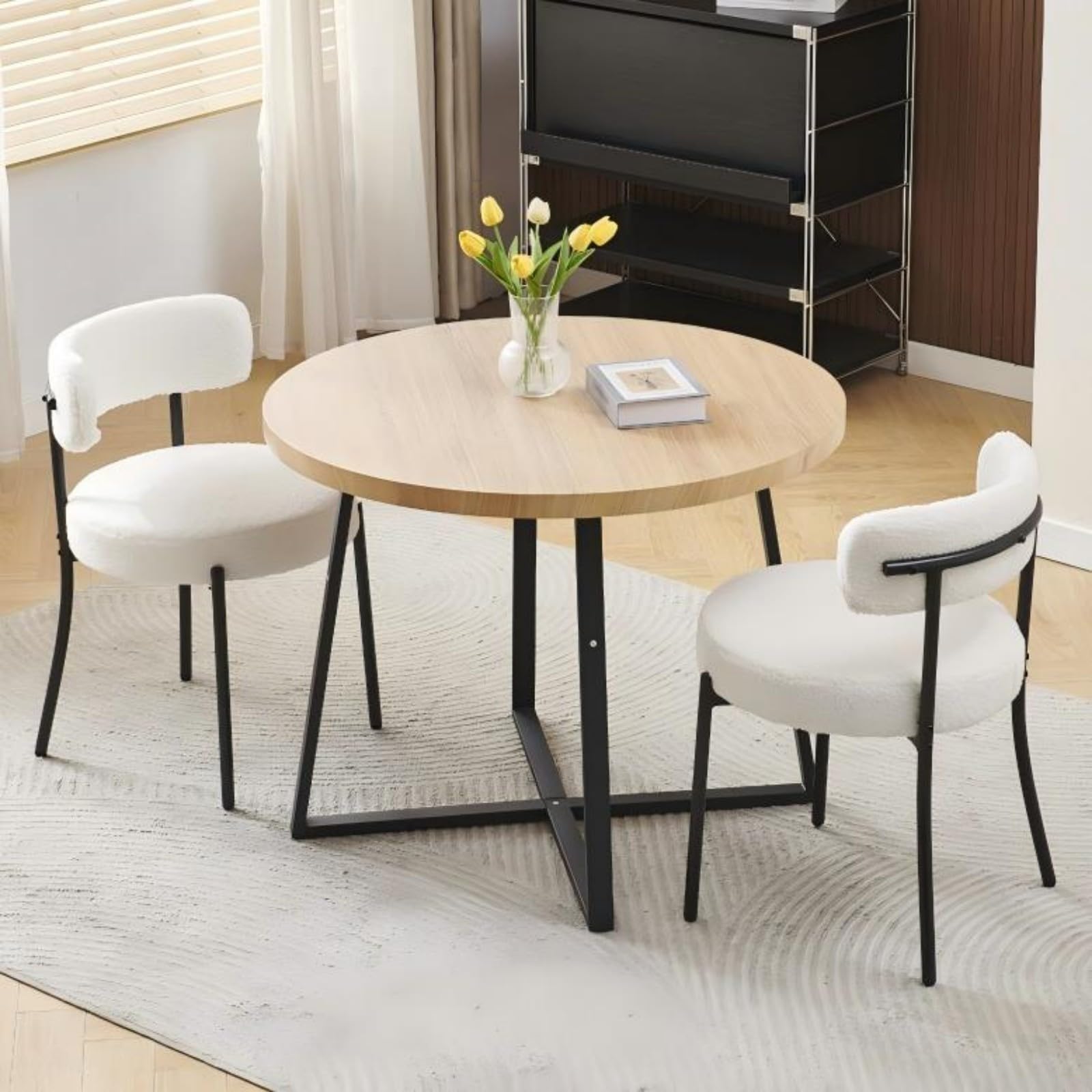 Homullel Round Dining Table and Chairs Set 2 Seater Kitchen Dining Set, 3 Pieces Table & Chairs Dinner Table Set for 2 (Oak Round Straight, 2 Seats, Beige White Fluffy)