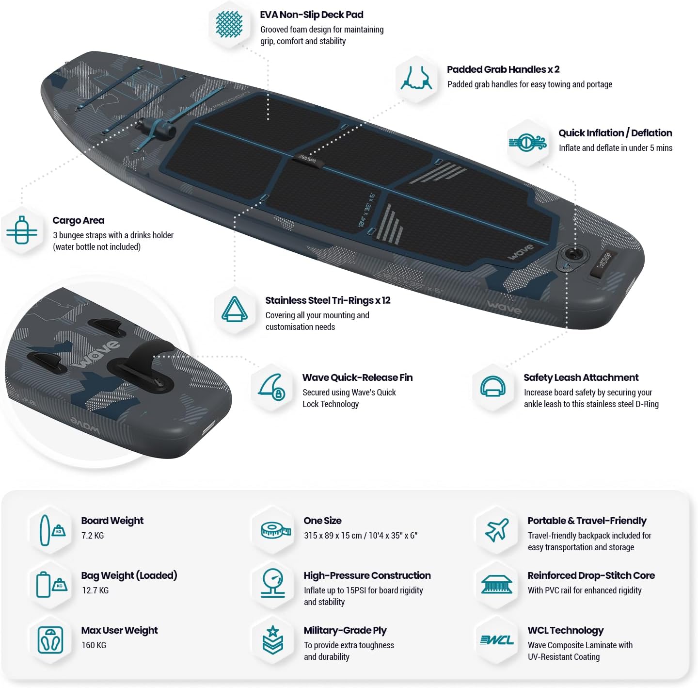 Wave Recon 3.0 Inflatable Stand Up Paddleboard | Premium SUP with Anti-Air Leaking Design, Non-Slip Deck, and Complete Accessories | 10'4ft