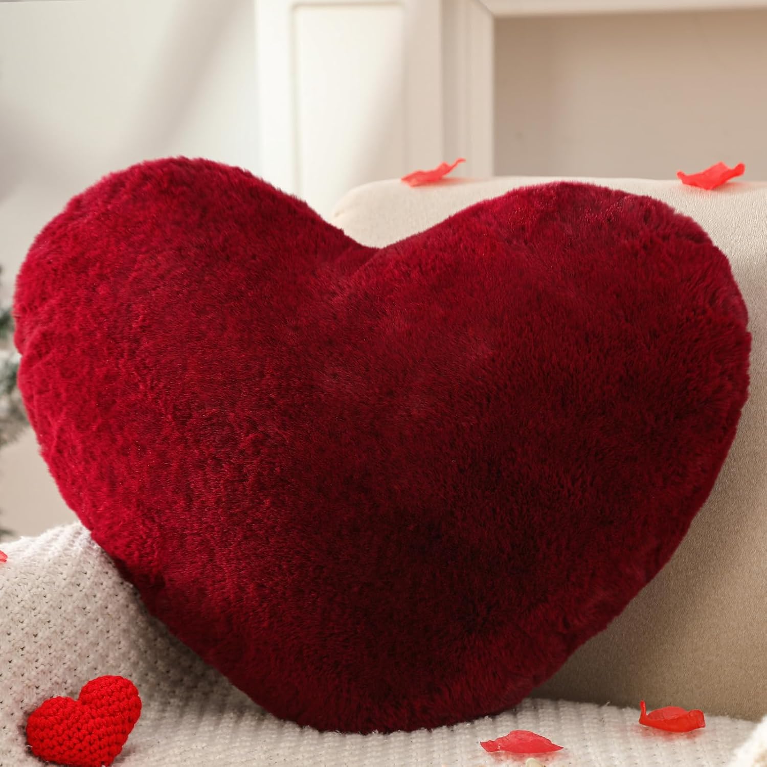 YRXRUS Heart Pillow, Wine Red Heart Pillows, Love Pillow Gifts, 14X17 Inch Large Heart Shaped Pillows, Faux Rabbit Fur Coquette Room Decor Throw Pillows, Living, Bedroom, Indoor Outdoor