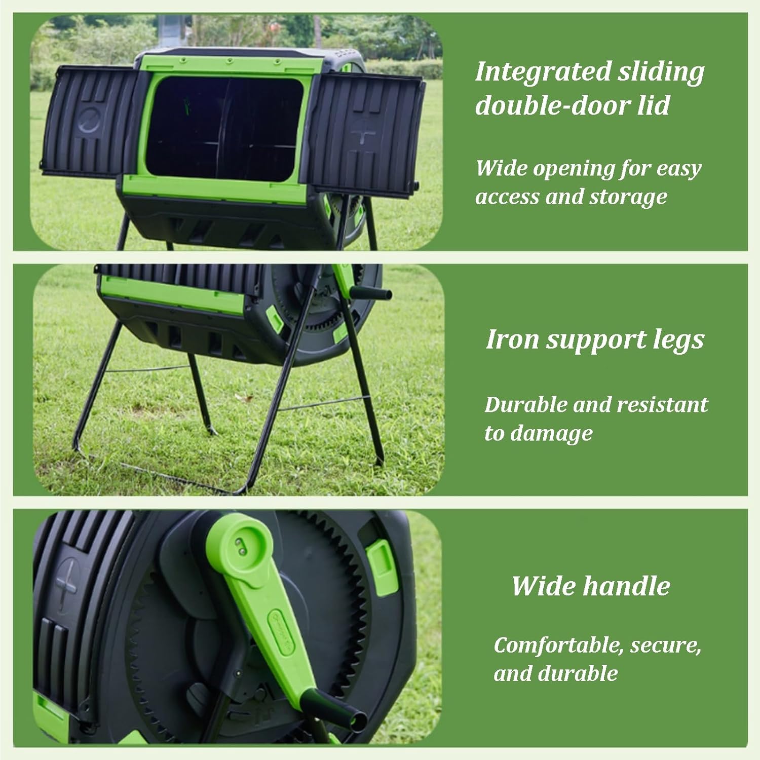 Garden Compost Bin, Outdoor Tumbling Composter, Integrated Sliding Double-Door Lid, Vent Design, Dual Chamber Waste Recycling Machine for Garden, Kitchen, Yard