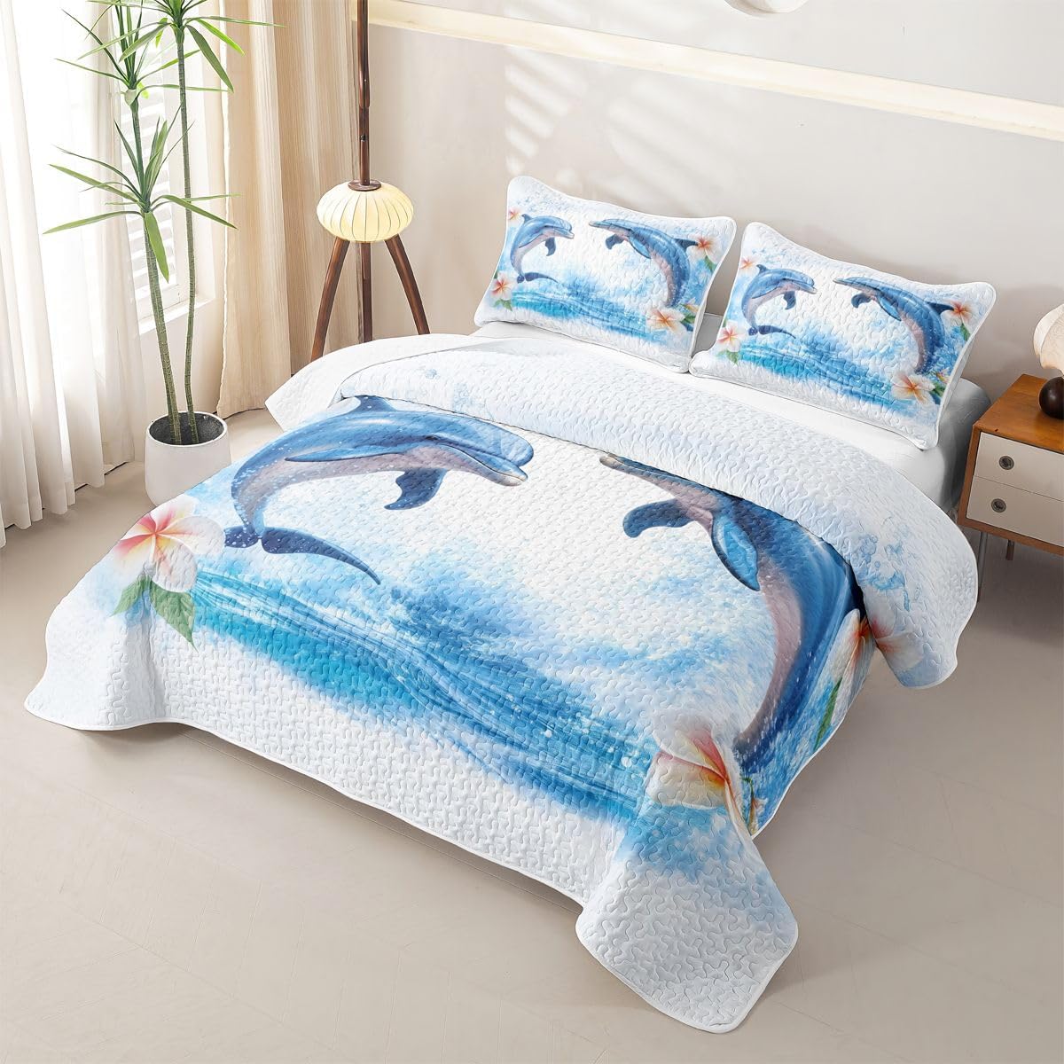 Dolphins King Quilt Bedding Set Tropical Ocean Flowers Quilt Bedding Nautical Sea Animal Bedspread Coverlet Beach Coastal Sea Quilted Comforter Soft Lightweight Quilted Blanket for Boys Girls