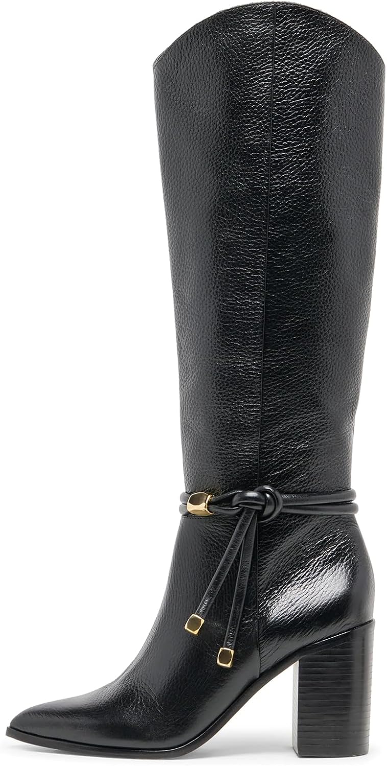 Yishaweiqi Suede Knee High Boots for Women Strap Pointed Toe Chunky Bloack Heel Boots Side Zipper Fall Western Boots