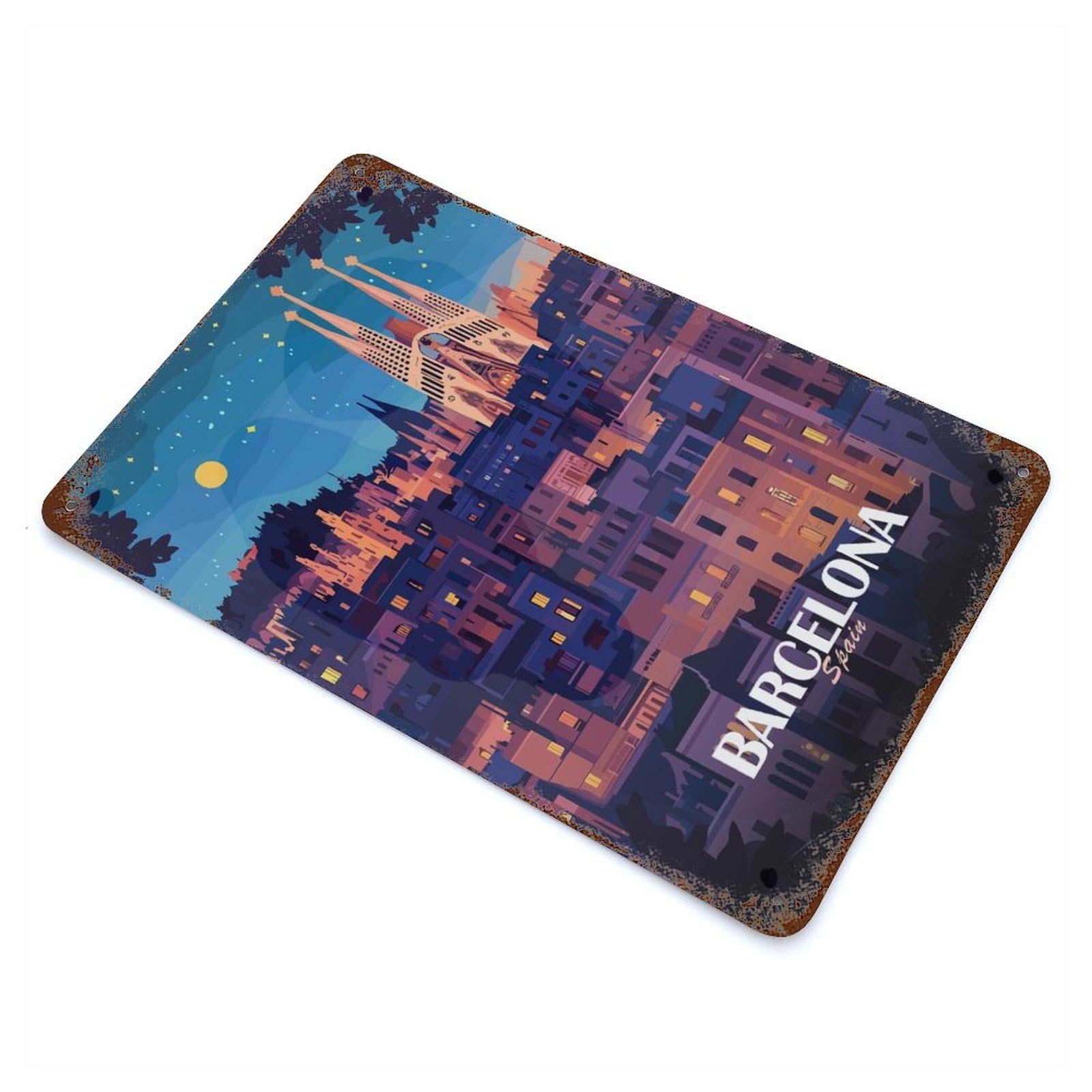 Barcelona Spain Cityscape at Night Vintage Metal Tin Sign 11.8"x7.9", Retro Wall Decor for Office, Studio And Wall Decor