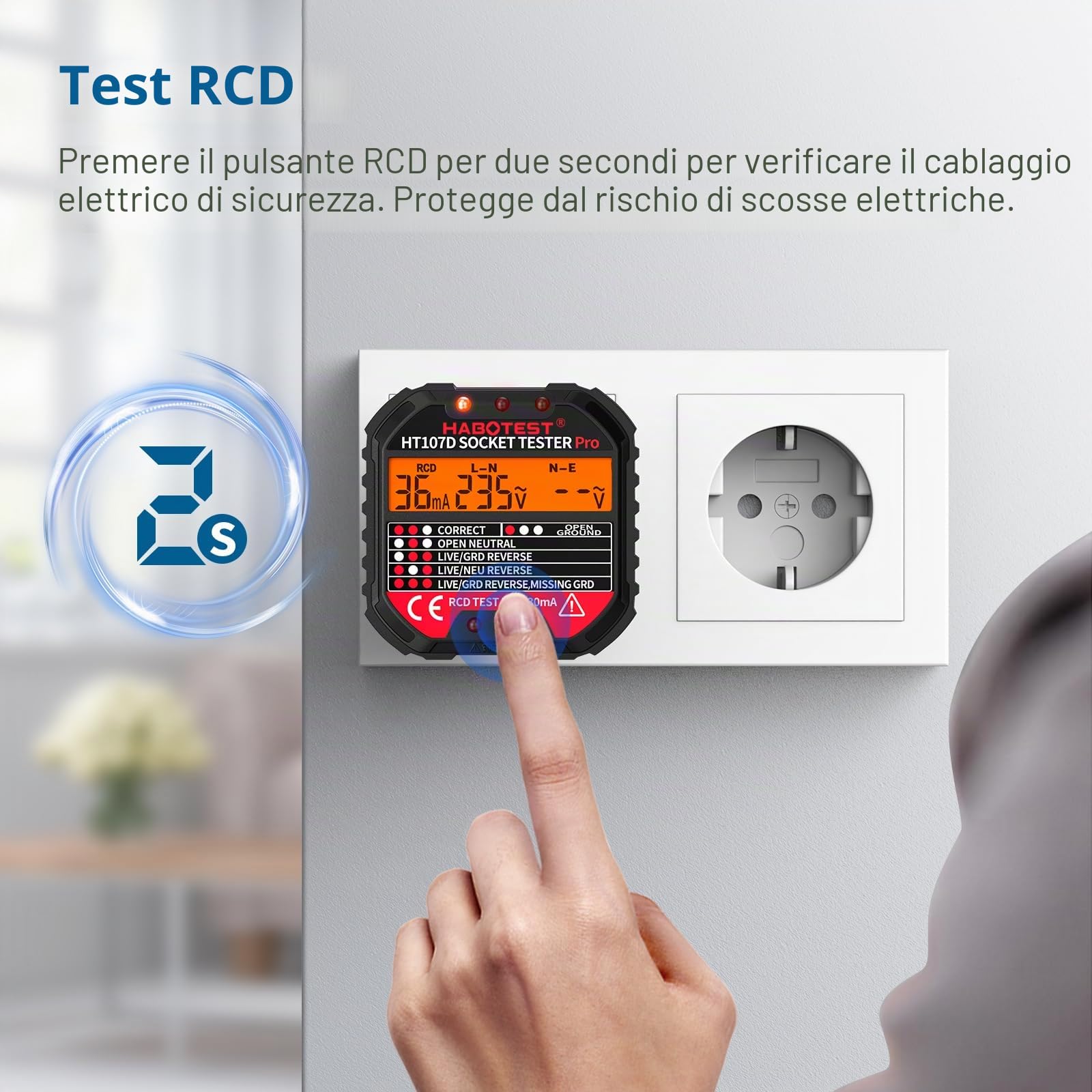 Tester de Prese, Tester per Circuiti Elettrici con Test RCD e Display LCD, Rilevatore Cavi Elettrici 6 tipi di Diagnosi dei Guasti, Visualizzazione tensione 90-250 V/CAT.II 300V (EU Plug)