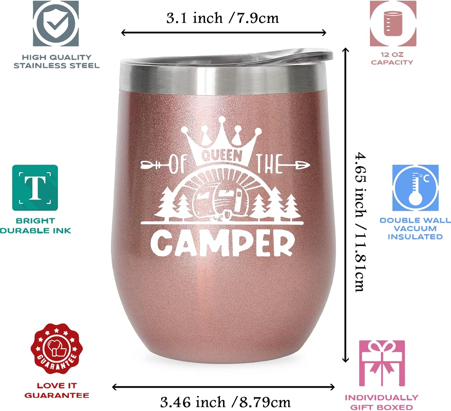 Queen Of The Camper Wine Tumbler, Happy Camper Gifts 12oz Cup, Gifts For Camping lover Outdoors, RV Hiking Camping Coffee Mugs, Camper Lover Couples Glass for Women - Image 2