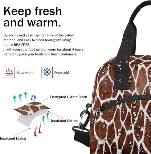 Miniatura 5 de Bolsa de almuerzo aislada para mujeres y hombres, con estampado de jirafa de animales marrones, lonchera reutilizable, bolsa de almuerzo grande para