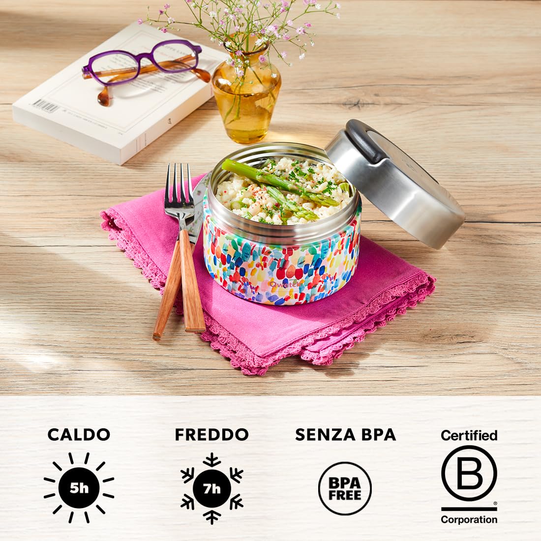 QWETCH - Contenitore Termico per Alimenti Caldi con Maniglia (Rosa Pastello, 850 ml)