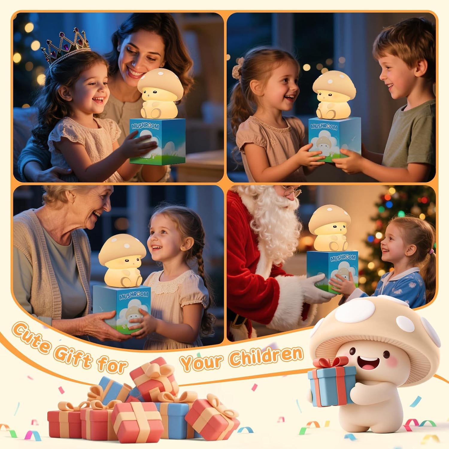 OOWOKS Lampada da notte a forma di fungo in silicone per bambini luminosità regolabile bianco caldo e modalità a 7 colori lampada da comodino per neonati lampada LED dimmerabile per bambini