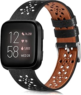 Leather Band Compatible with Fitbit Versa 2 Bands/Fitbit Versa Band/Fitbit Versa SE/Versa Lite Fitness Smart Watch Wristbands for Women Men, Hollow-Out Lace Design Soft Leather Replacement Strap